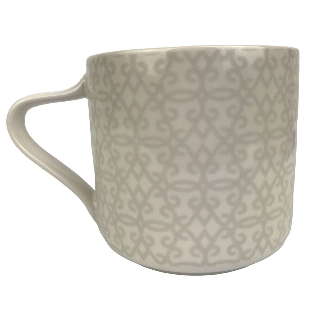 Starbucks Coffee Mug 2014 White Gray Lace Fleur De Lis Pattern 12 oz